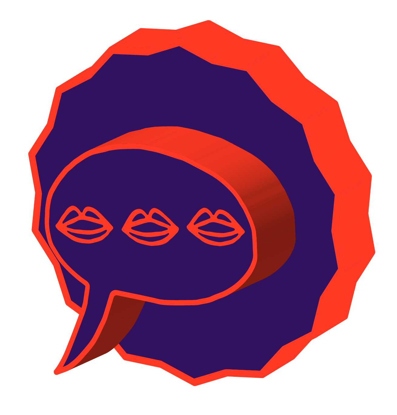 Icône de bulle de discussion violette avec un contour rouge. Trois petits dessins de lèvres rouges apparaissent au centre.