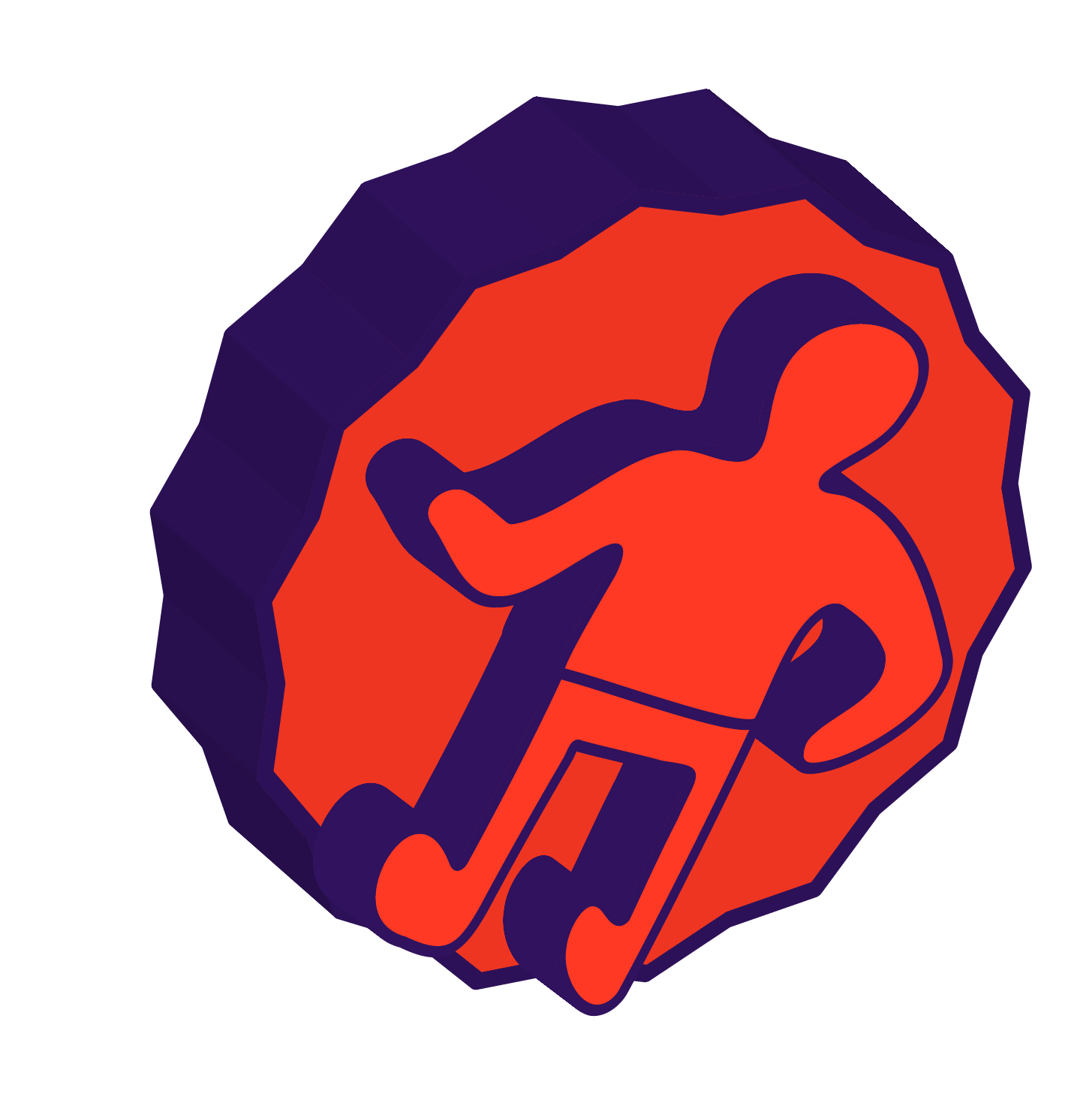 Icône ronde rouge avec un contour violet foncé, montrant une main en geste “rock” ; index et petit doigt levés, au-dessus d’une note de musique.