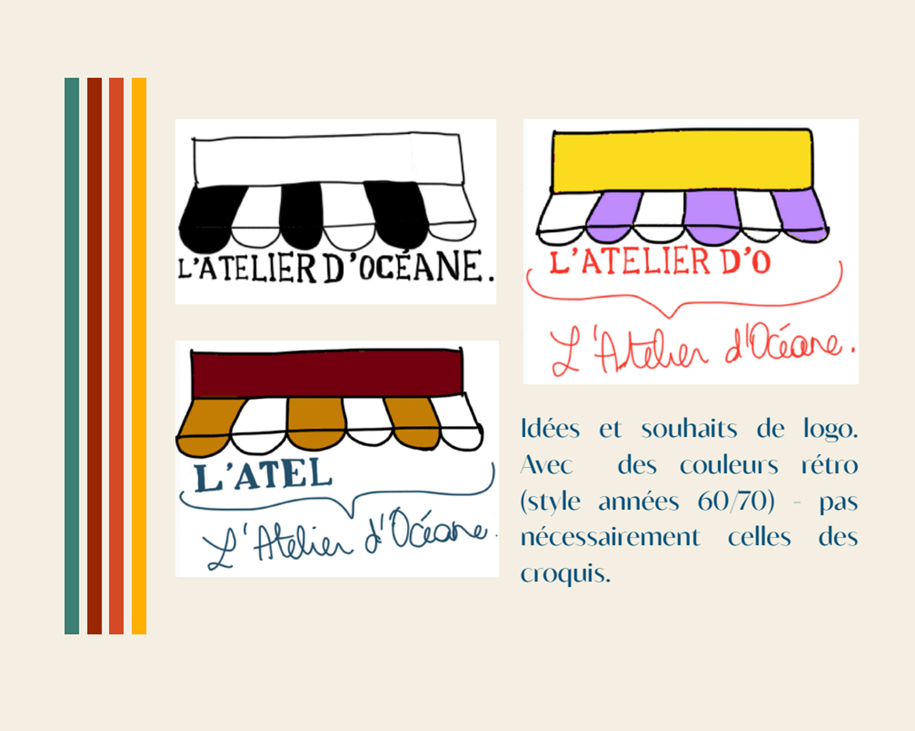 Planche sur fond beige avec trois croquis de logo « L’Atelier d’Océane » en forme d’auvent de boutique, en noir et en couleur. À gauche, quatre bandes verticales de couleurs vert, rouge, orange et jaune. À droite, un bloc de texte « Idées et souhaits de logo… ».