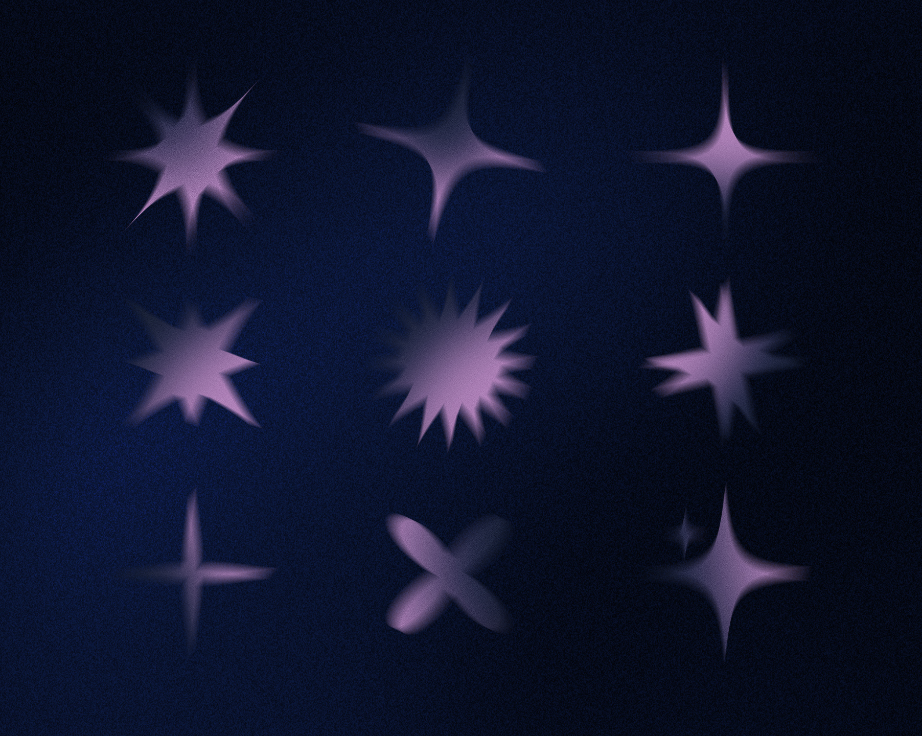Fond bleu nuit très sombre avec neuf formes d’étoiles violettes floues, disposées en grille. Une forme en X apparaît au centre en bas, et un léger grain recouvre l’image.