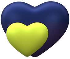 Illustration en style “emoji” 3D. Deux cœurs superposés : un cœur bleu foncé en arrière-plan et un cœur vert clair au premier plan, sur un fond transparent.