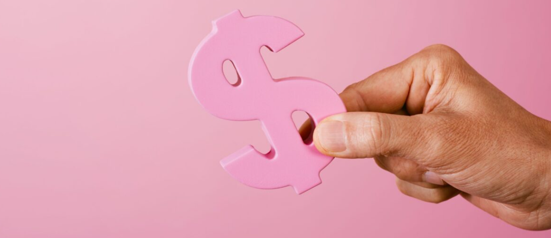 Photo en gros plan : une main (côté droit de l’image) tient une forme de dollar rose, façon découpe en plastique/plexi. Le fond est entièrement rose pastel, sans autre élément, ce qui met l’accent sur le symbole d’argent et évoque le budget, le prix ou le financement.