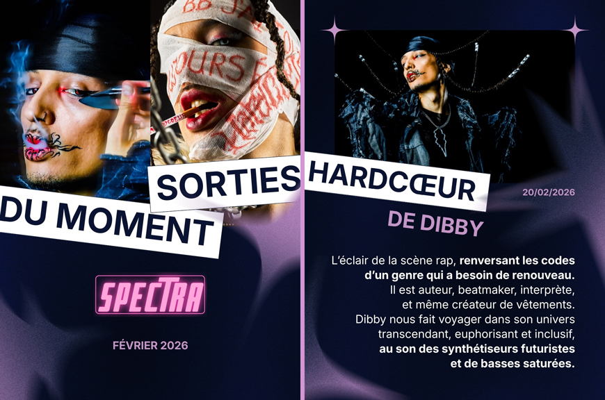 Montage en deux parties sur fond sombre violet. À gauche, trois portraits en gros plan avec le texte « SORTIES DU MOMENT » et le logo rose « SPECTRA », plus « FÉVRIER 2026 ». À droite, une fiche avec une photo d’artiste, le titre « HARDCORE » et « DE DIBBY », la date « 20/02/2026 » et un paragraphe de présentation.