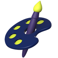 Illustration en style 3D sur fond transparent : une palette de peintre de forme ovale, bleu foncé, avec quatre pastilles/trous circulaires vert jaune. Un pinceau violet est planté au centre de la palette, incliné vers le haut, avec une petite pointe de peinture jaune au bout. L’ensemble a un rendu brillant et légèrement ombré.