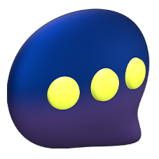 Icône 3D en forme de bulle de discussion bleu foncé, avec trois points ronds jaunes au centre, sur fond transparent.