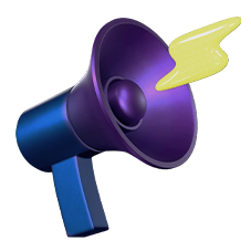 Sur un fond transparent (motif en damier), on voit une illustration en 3D d’un mégaphone stylisé. Le corps est bleu et violet, avec un pavillon violet. Un petit éclair jaune, comme un symbole de son ou d’annonce, jaillit de l’ouverture du mégaphone.