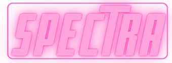Mot “SPECTRA” en grandes lettres roses, style néon, dans un rectangle arrondi, sur fond transparent.