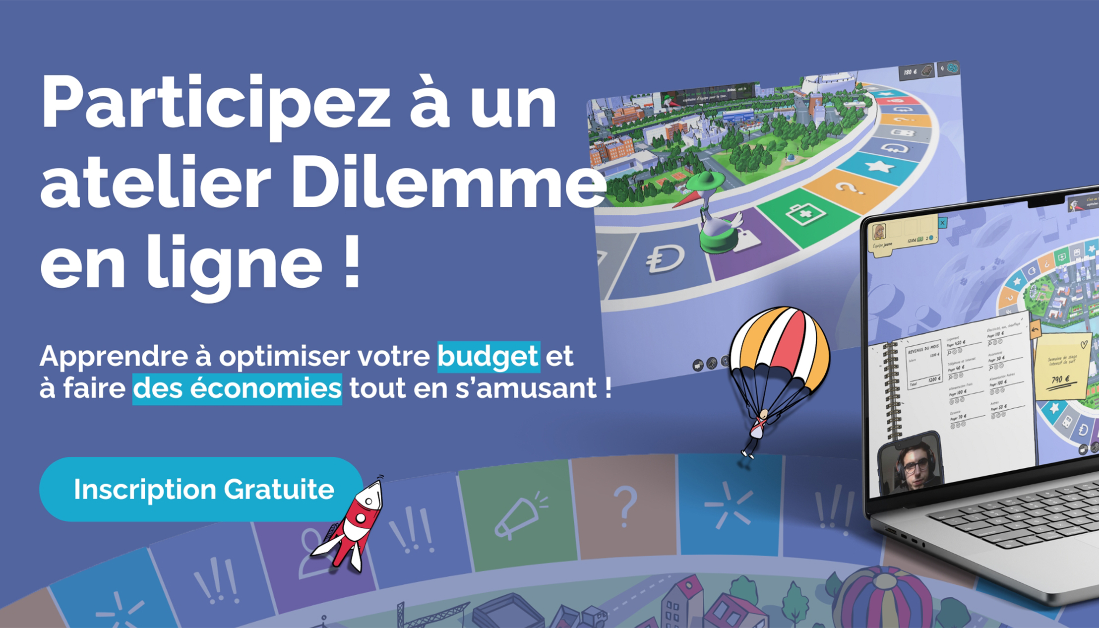 Ordinateur portable ouvert sur un fond bleu, affichant une interface de jeu avec un plateau circulaire coloré, une carte de ville et un carnet de budget à gauche. En arrière-plan, on voit une grande illustration du plateau du jeu. Un petit personnage en parachute apparaît à gauche.