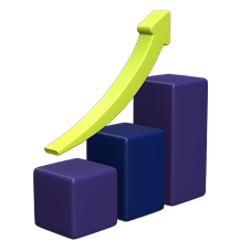 Sur un fond transparent en damier, on voit un petit graphique en 3D composé de trois blocs rectangulaires violet foncé. Les barres augmentent en hauteur de gauche à droite. Une flèche épaisse vert-jaune, légèrement courbée, part du bas à gauche et s’élève au-dessus de la barre la plus haute, pointant vers le haut à droite, pour évoquer une progression ou une hausse.
