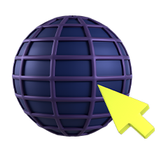 Illustration style “emoji 3D” représentant une sphère type globe terrestre en violet foncé avec des lignes de grille. Un curseur jaune en forme de flèche est placé sur le côté droit du globe, comme s’il cliquait ou sélectionnait un élément en ligne (symbole du web / navigation).