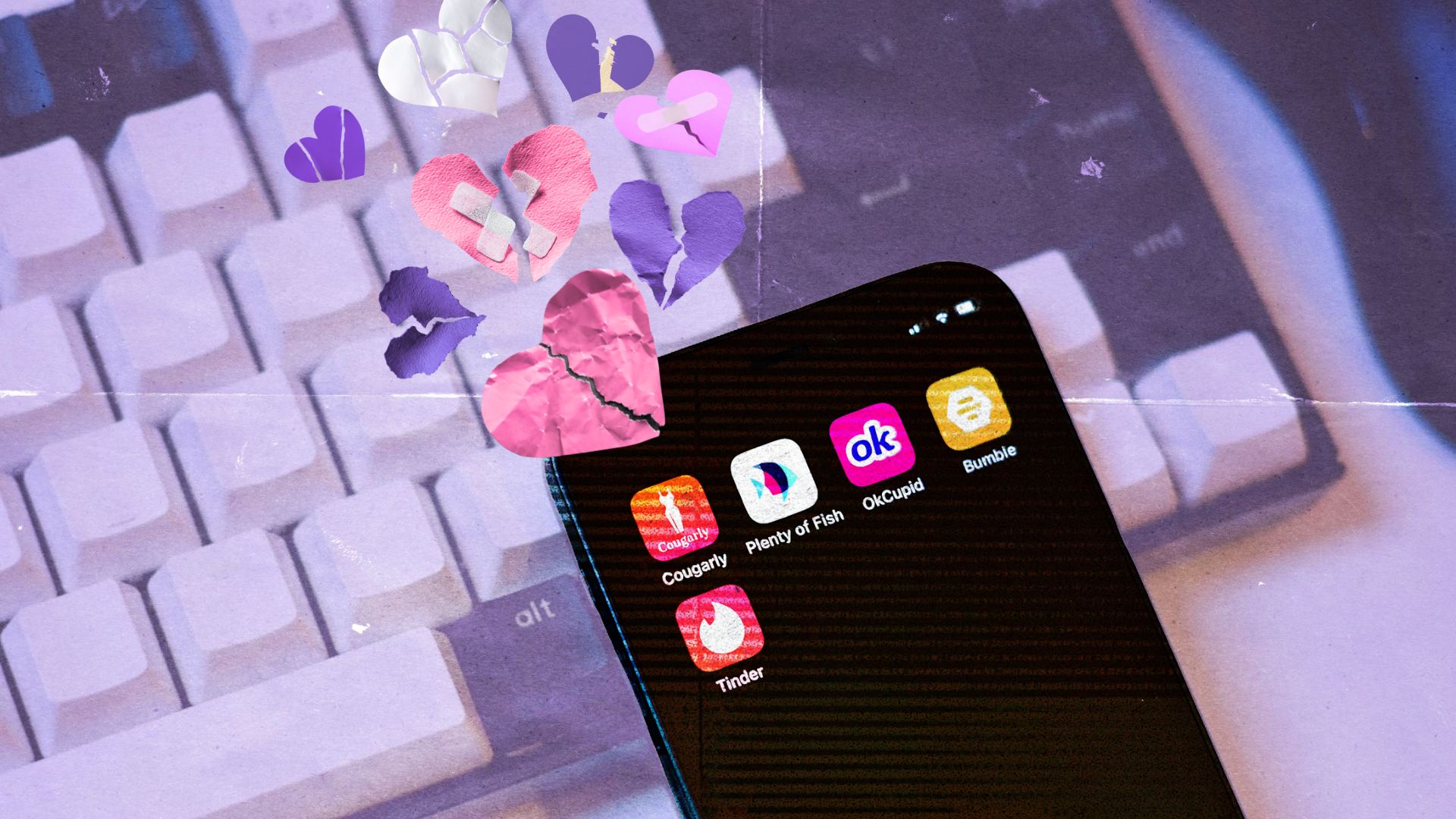 Application de rencontre Téléphone affichant plusieurs applications de rencontre, dont Tinder, Bumble et OkCupid, posé sur un clavier avec des cœurs brisés en collage.