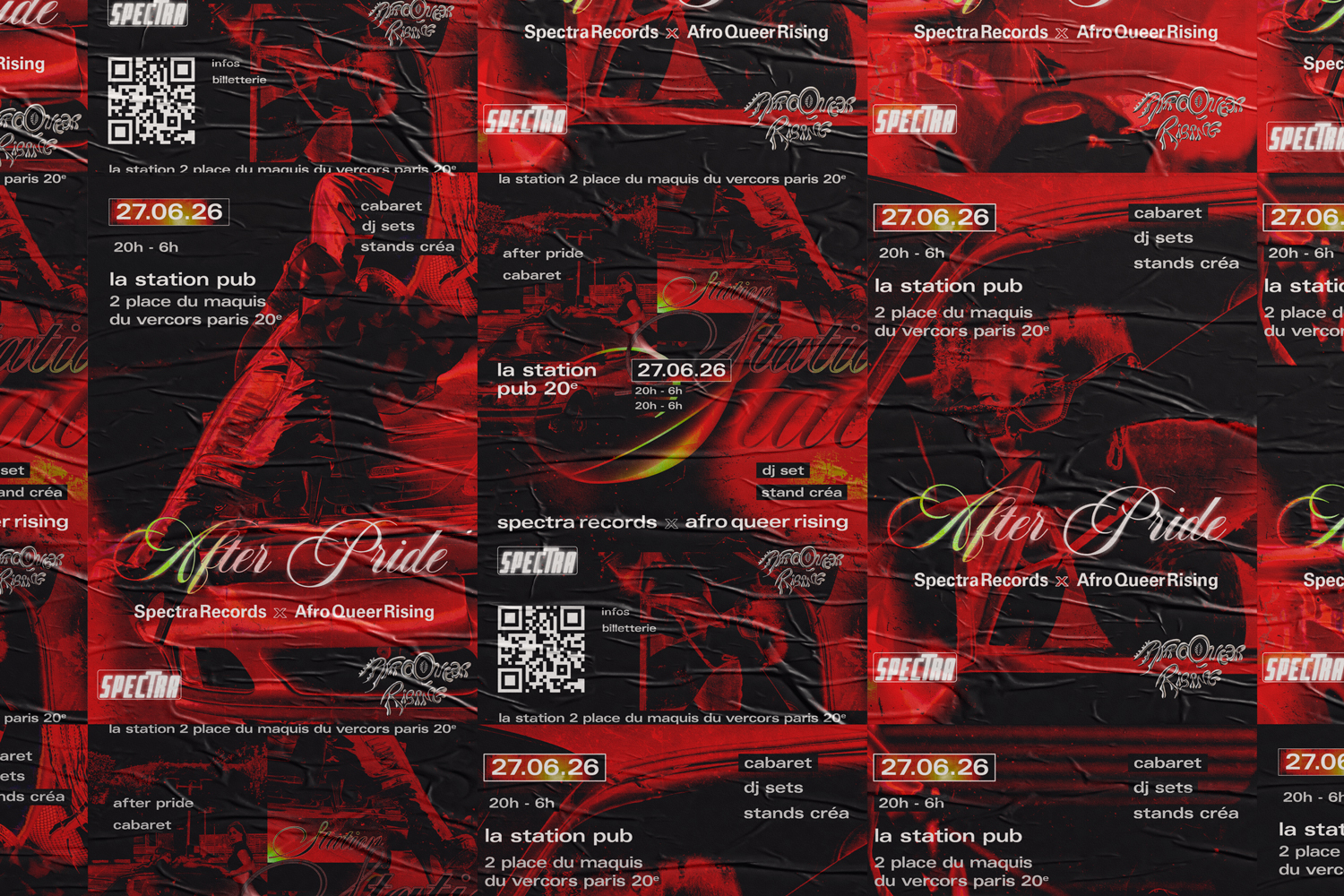 Affiches rouges et noires pour l’événement After Pride, organisé par Spectra Records et Afro Queer Rising, avec la date du 27.06.26, un QR code et les informations de soirée.