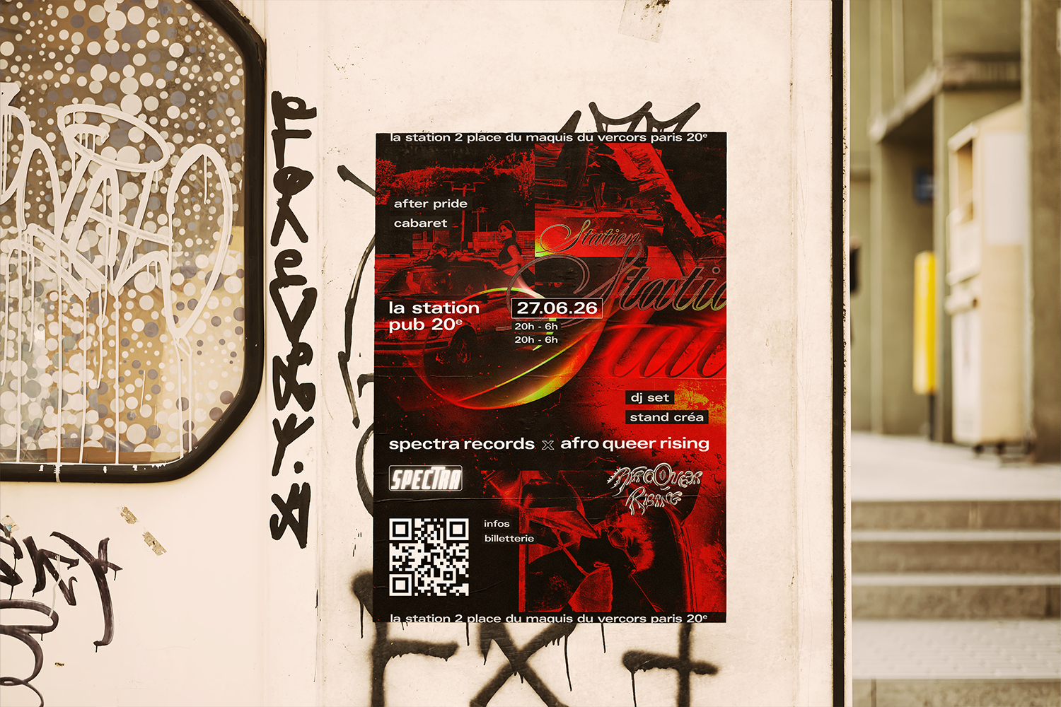 Affiche rouge et noire de l’événement After Pride collée sur un mur graffé, avec un QR code, la date du 27.06.26 et les logos Spectra Records et Afro Queer Rising.