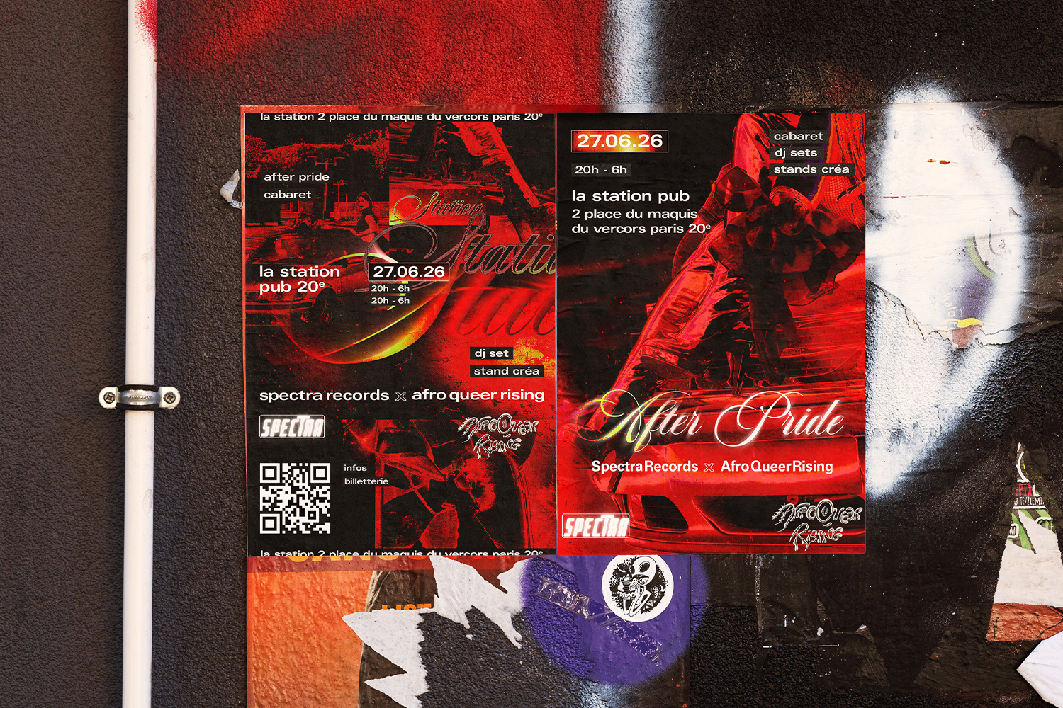 Deux affiches rouges et noires de l’événement After Pride collées sur un mur graffé, avec la date du 27.06.26, un QR code et les logos Spectra Records et Afro Queer Rising.