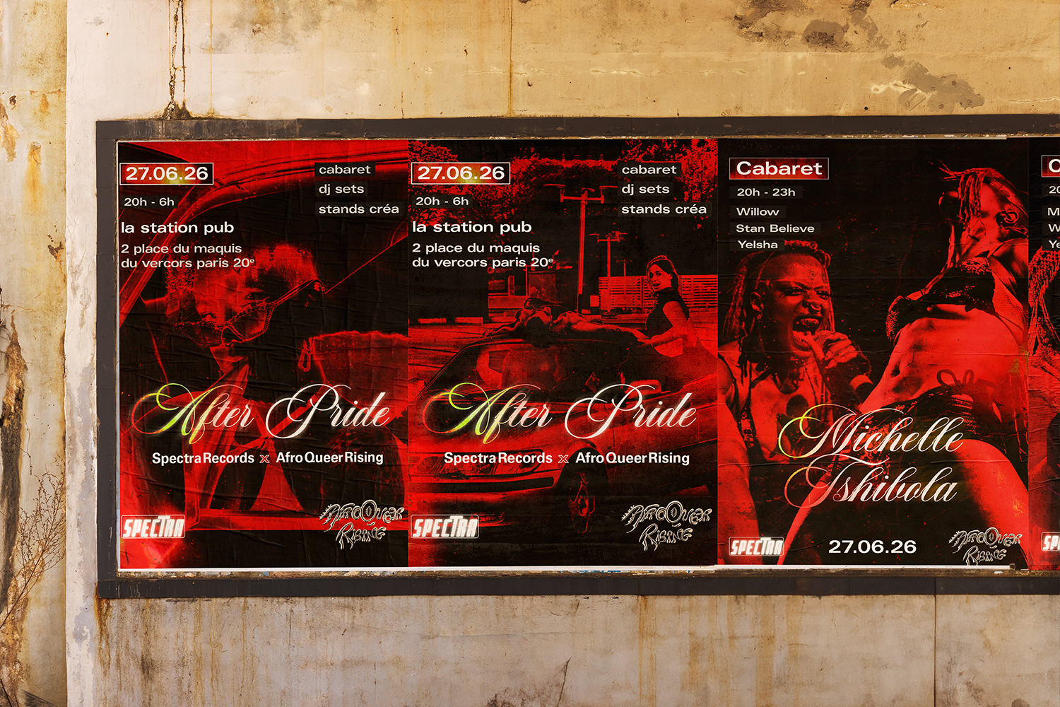 Série d’affiches rouges et noires After Pride collées sur un panneau mural, avec la date du 27.06.26, les informations de cabaret, DJ sets et stands créa.